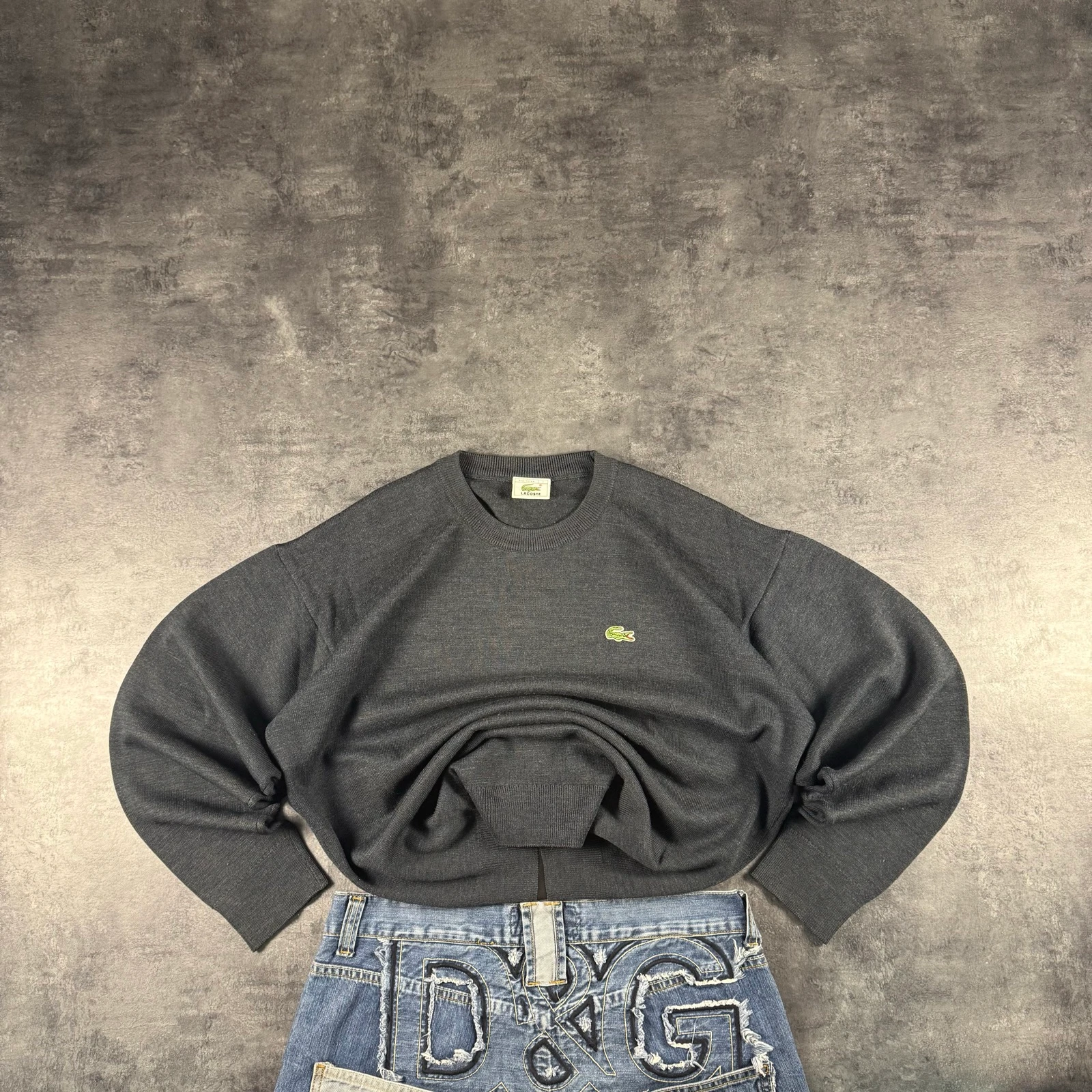 Lacoste Crewneck Sweater Grey Premium Vintage 90's Archive Tactical Made in Spain Wool Knit Jumper